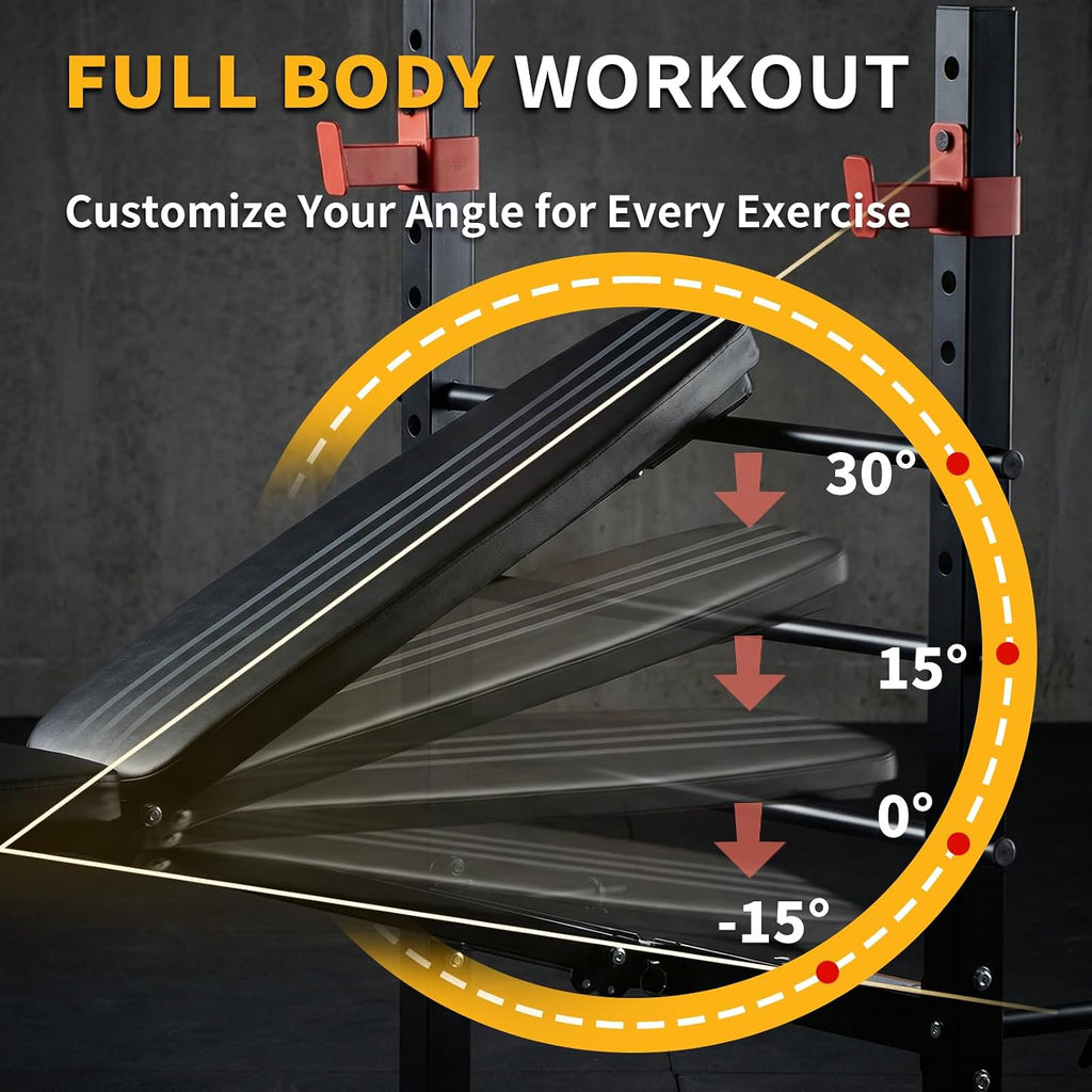 650LBS Adjustable Weight Bench with Leg Extension & Barbell Rack