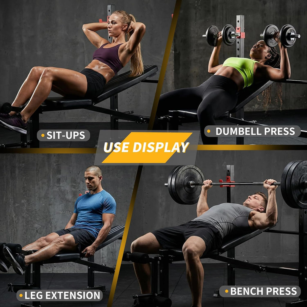 650LBS Adjustable Weight Bench with Leg Extension & Barbell Rack