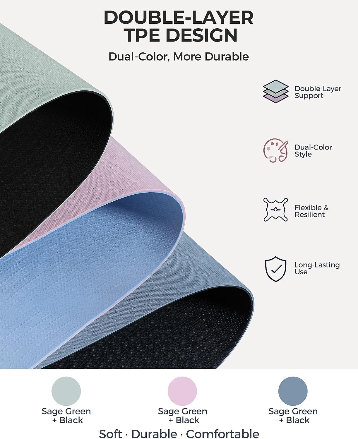 3 Pack TPE Non Slip Yoga Mats with Strap