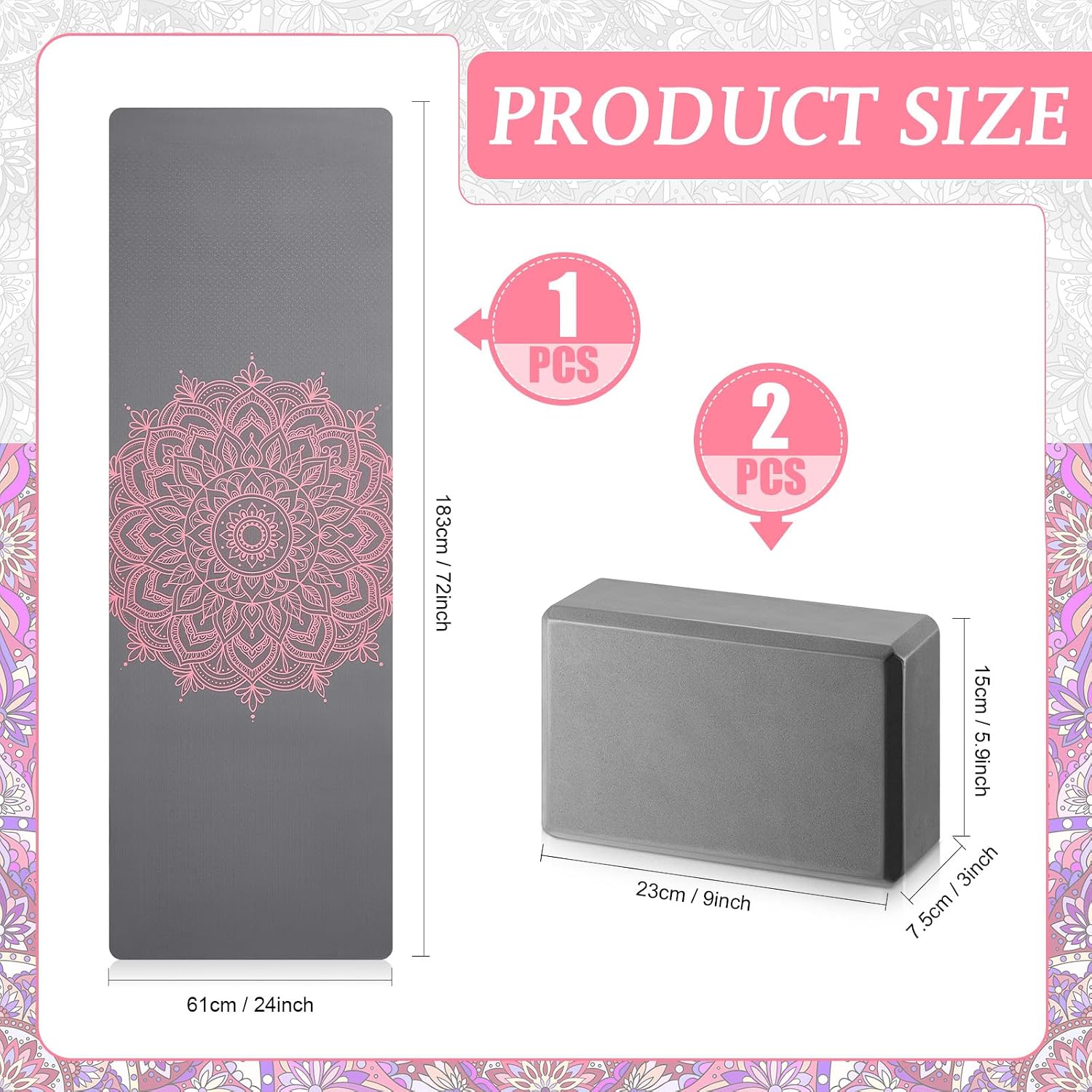 3Pcs Yoga Mat Set Non Slip with Strap